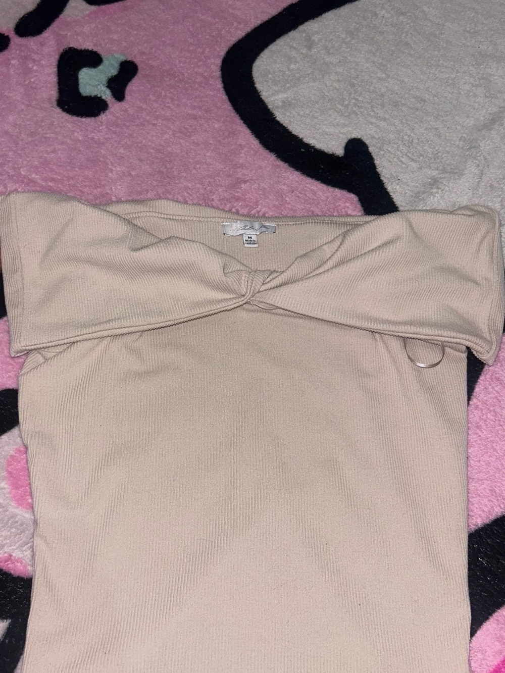 Beige Off-Shoulder Twist Ribbed Crop Top
